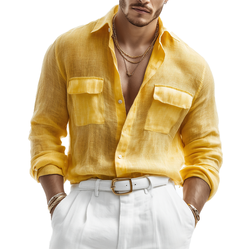 Men's Solid Color Linen Long Sleeve Shirt MTA1534G3X