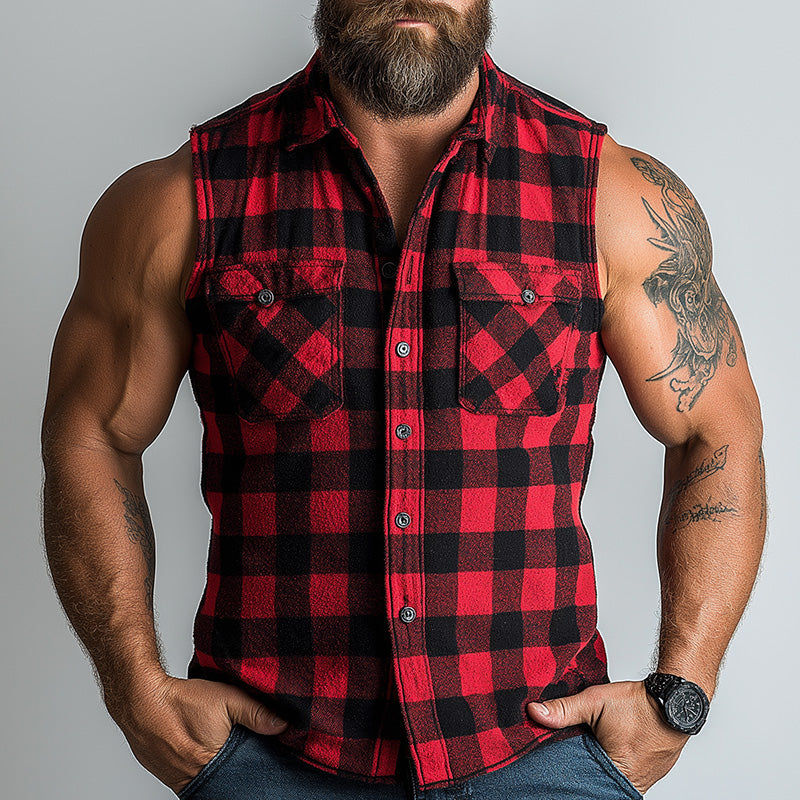 Men's Summer Cotton and Linen Blend Plaid Print Sleeveless Tank Top MTA2402D1P