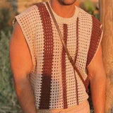 Men's Casual Round Neck Striped Hollow Knitted Tank Top 18130789M