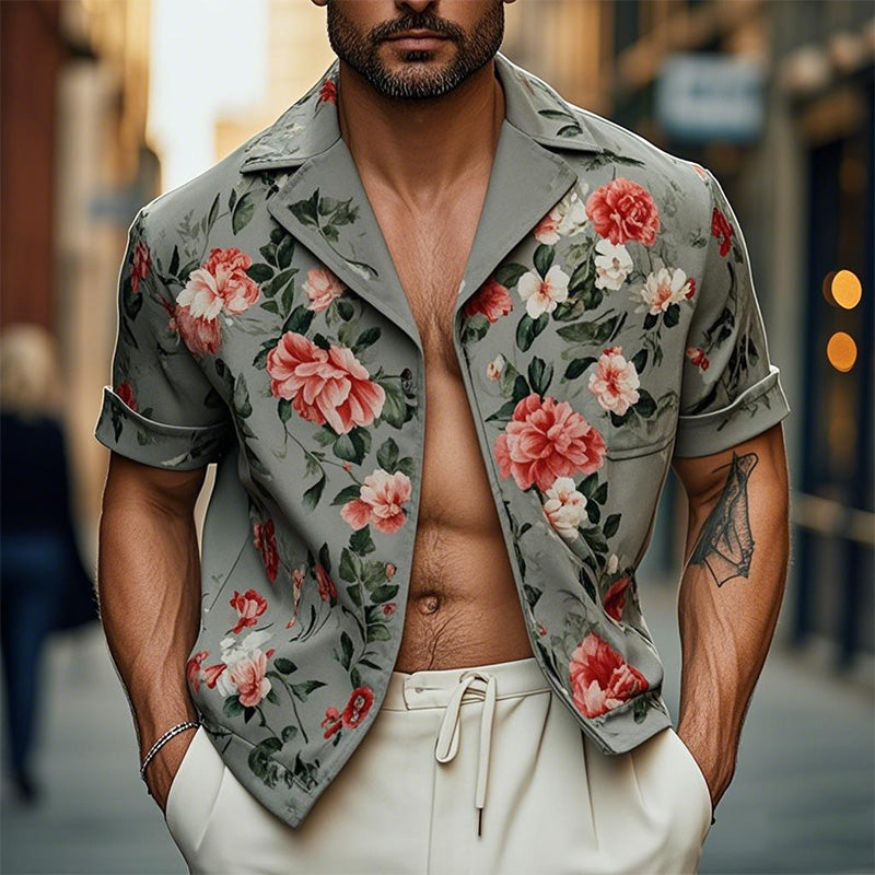 Men's Fashion Floral Print Short Sleeve Shirt Jacket 72885024P