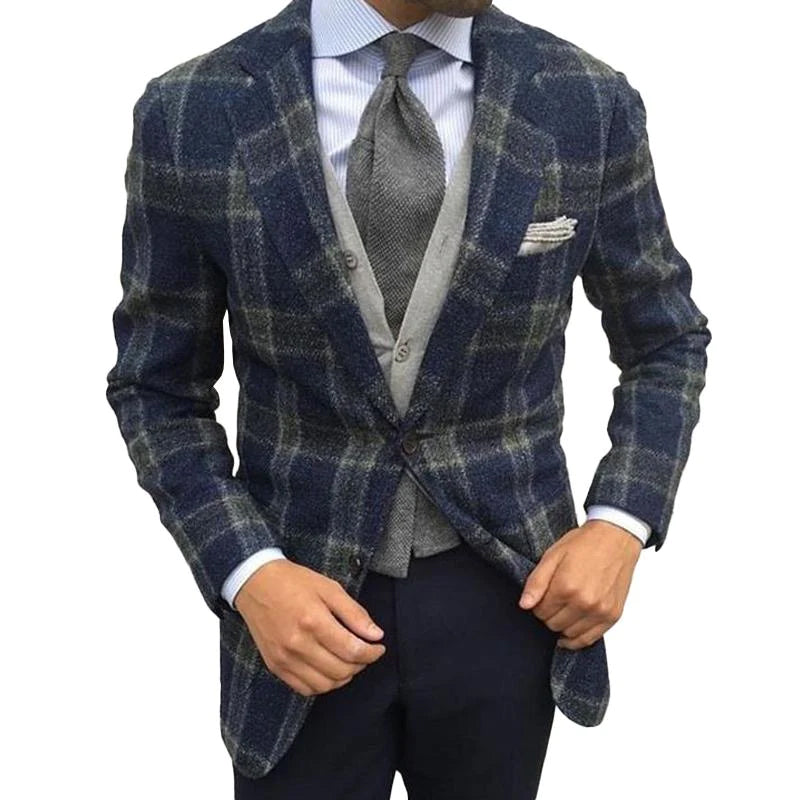 【24-hour shipping】Men's Classic Plaid Wool Blended Notched Lapel Single Breasted Patch Pocket Blazer 39821674M