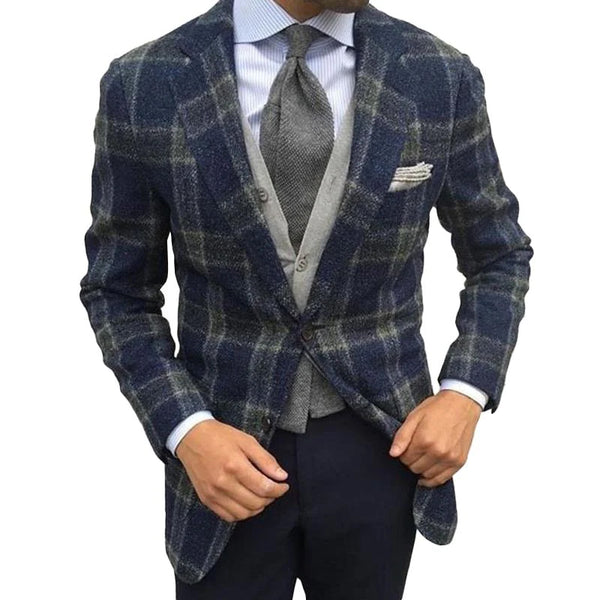 Men's Classic Plaid Wool Blended Notched Lapel Single Breasted Patch Pocket Blazer 39821674M