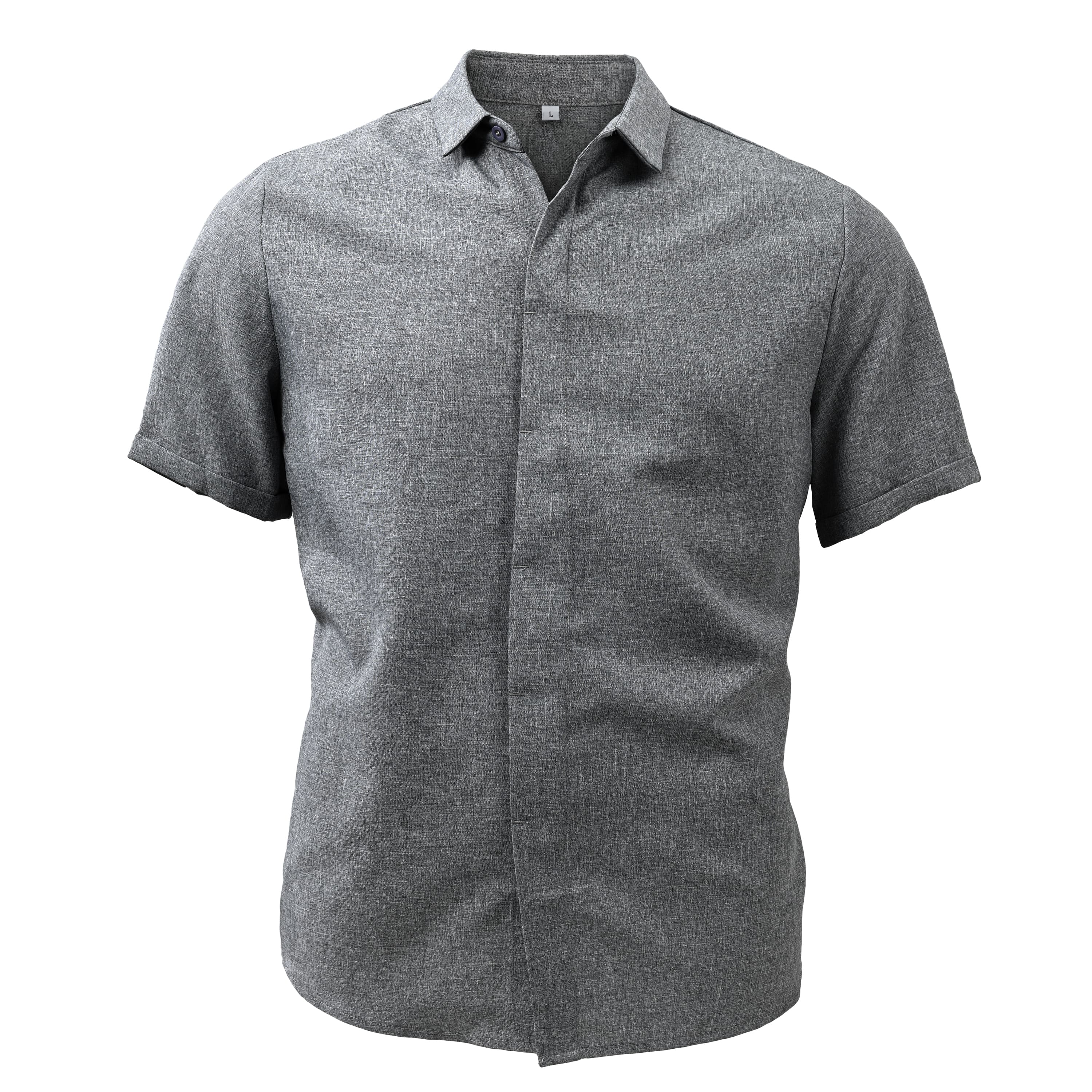 Camicia da uomo in cotone e lino a maniche corte con risvolto tinta unita 82339241X