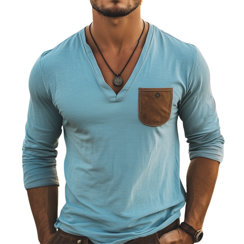 Men's Basic Deep V Neck Cotton Long Sleeve T-Shirt MTA2849G2U