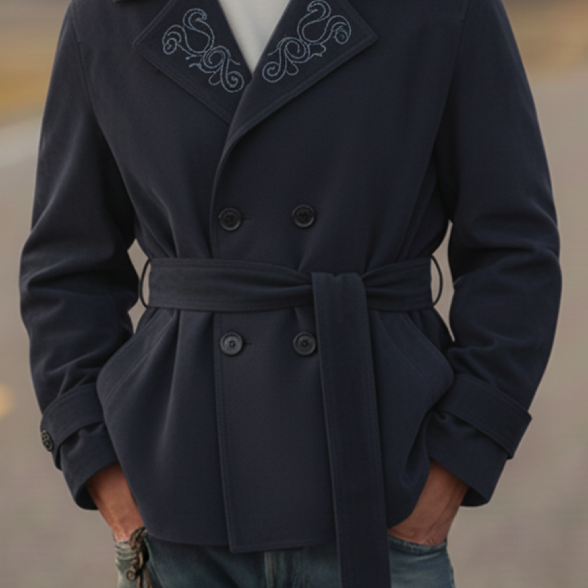 Men's Classic Retro Western Style Lapel Embroidered Faux Suede Double-breasted Jacket MTA1145K2K