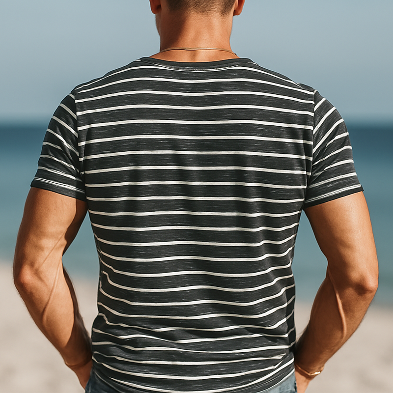 Men's Business Classic Striped Henley Collar Short Sleeve T-Shirt MTA1176G0U