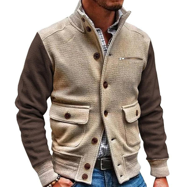 Men's Vintage Stand Collar Contrast Color Maillard Style Multi-Pocket Jacket 10385790M
