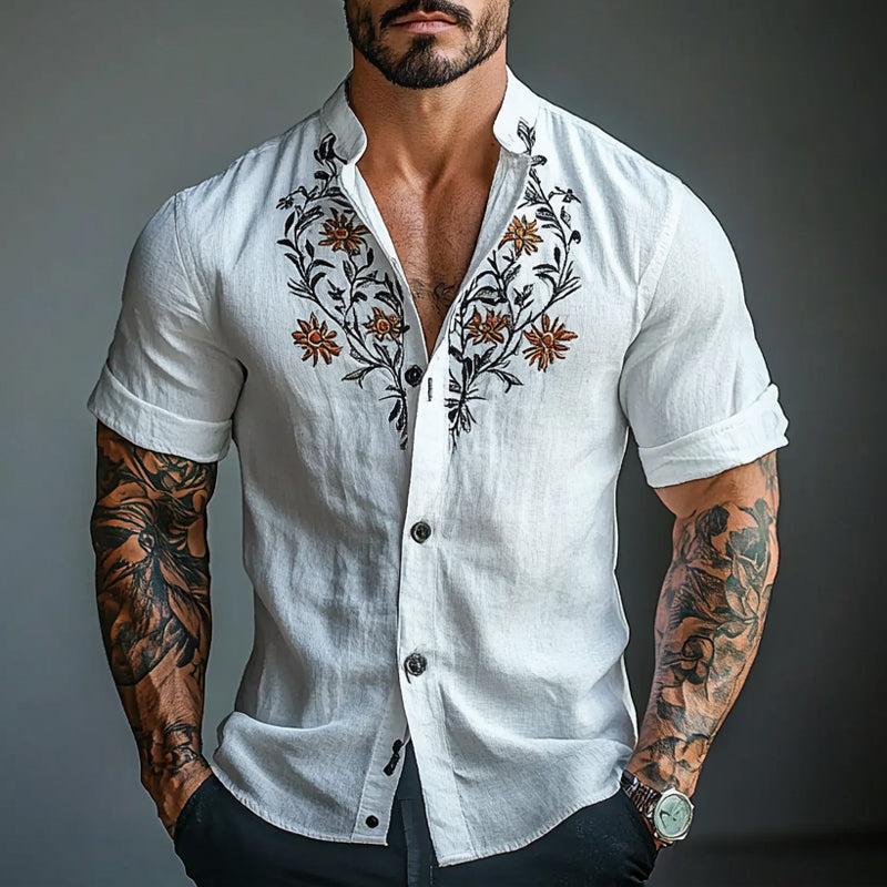 Men's Vintage Embroidered Floral Stand Collar Short Sleeve Shirt 82181339X