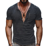 Men's Casual Cotton Washed Zippered Neck Patch Pocket Short Sleeve T-Shirt 22019969M