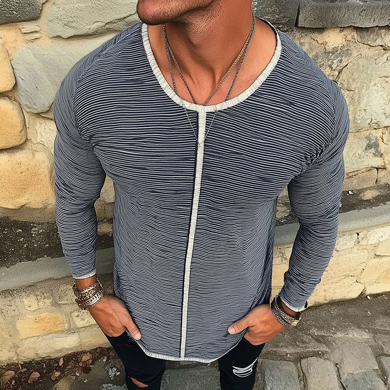 Men's Retro Casual Striped Printed Round Neck Long Sleeve T-Shirt 21041887TO