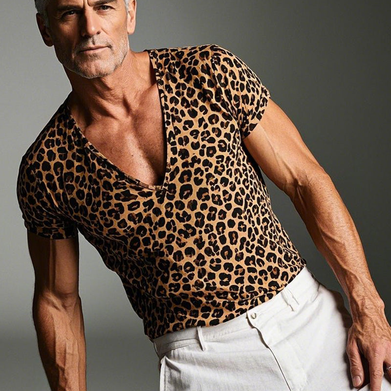 Men's Leopard Print Short Sleeve V-Neck Slim Fit T-Shirt 23412809P