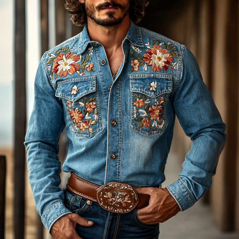 Vestlig cowboystil for menn, brodert jakkeslag, brystlomme, langermet dongeriskjorte 66226570Z