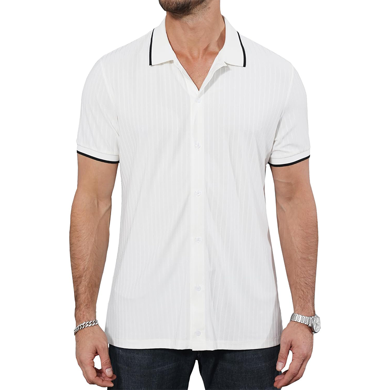 Men's Fashion Colorblock Trim Striped Lapel Short Sleeve Shirt 12734622Z