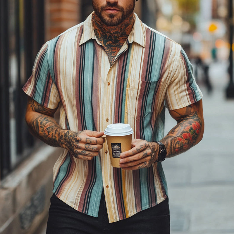 Men's Retro Colorblock Striped Short Sleeve Shirt 66192250U