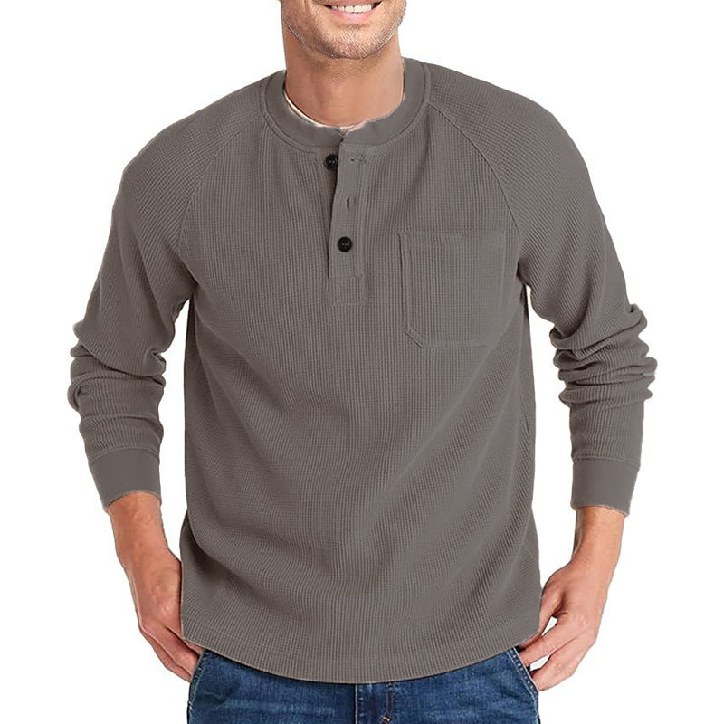 Men's Casual Pit Grid Button Round Neck Long Sleeve T-Shirt 15785328U