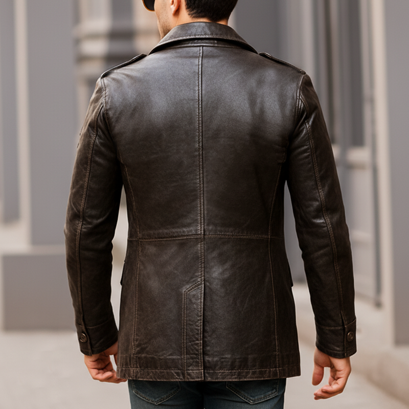 Men's Vintage Distressed PU Leather Double-breasted Short Coat MTA0429I0U