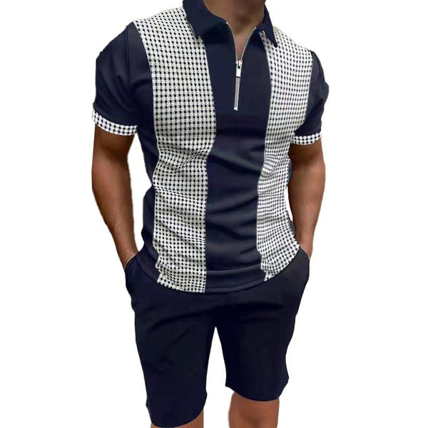 Men's Color Matching Lapel Stitching Solid Color Short Sleeve Shorts Set 13334453X