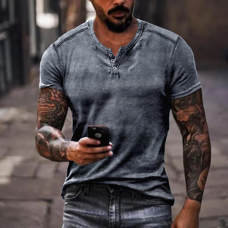 【Spedizione in 24 ore】T-shirt casual da uomo a maniche corte con colletto Henley, tinta unita 55722222Y