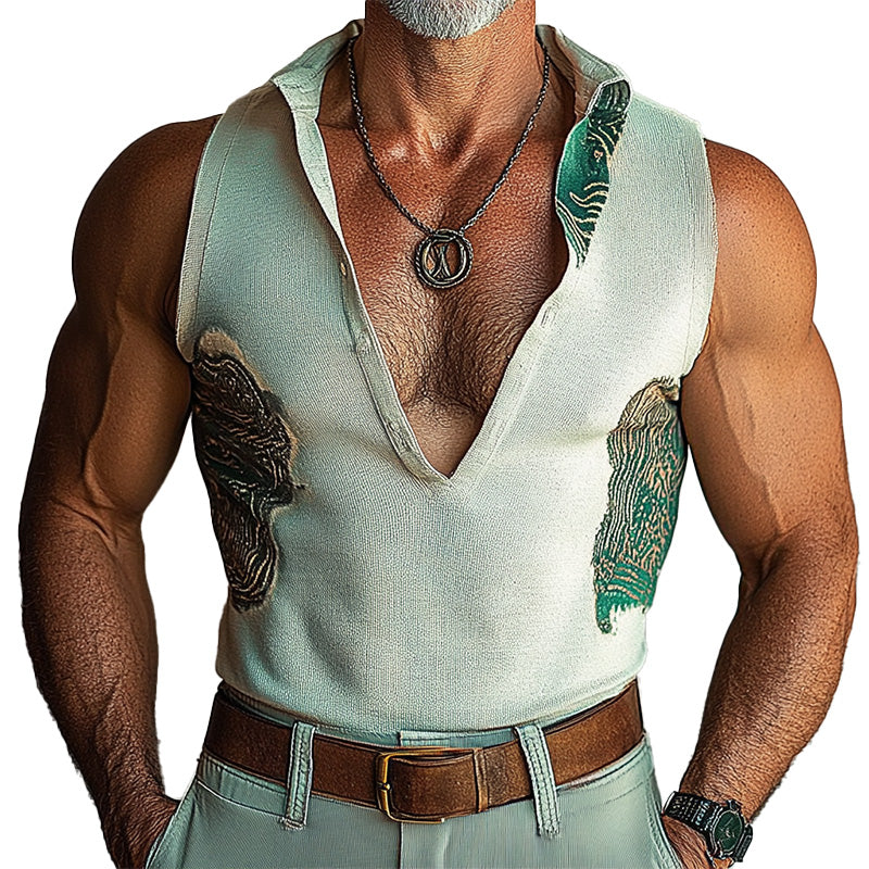 Men's Deep V Stand Collar Printed Vest 04914463P