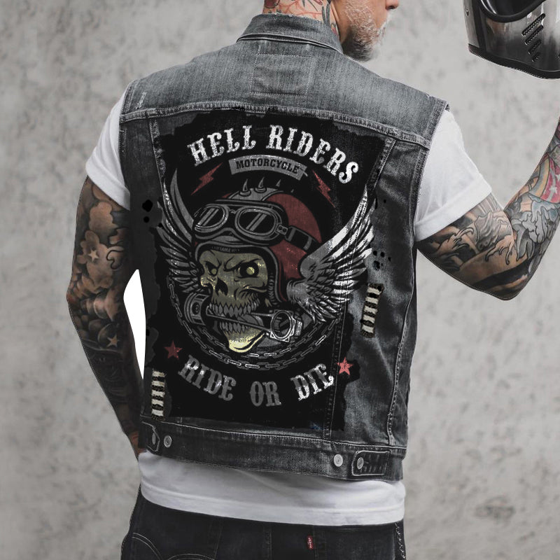 Men's Vintage Motorcycle Skull Print Motorcycle Denim Vest 61636733Y