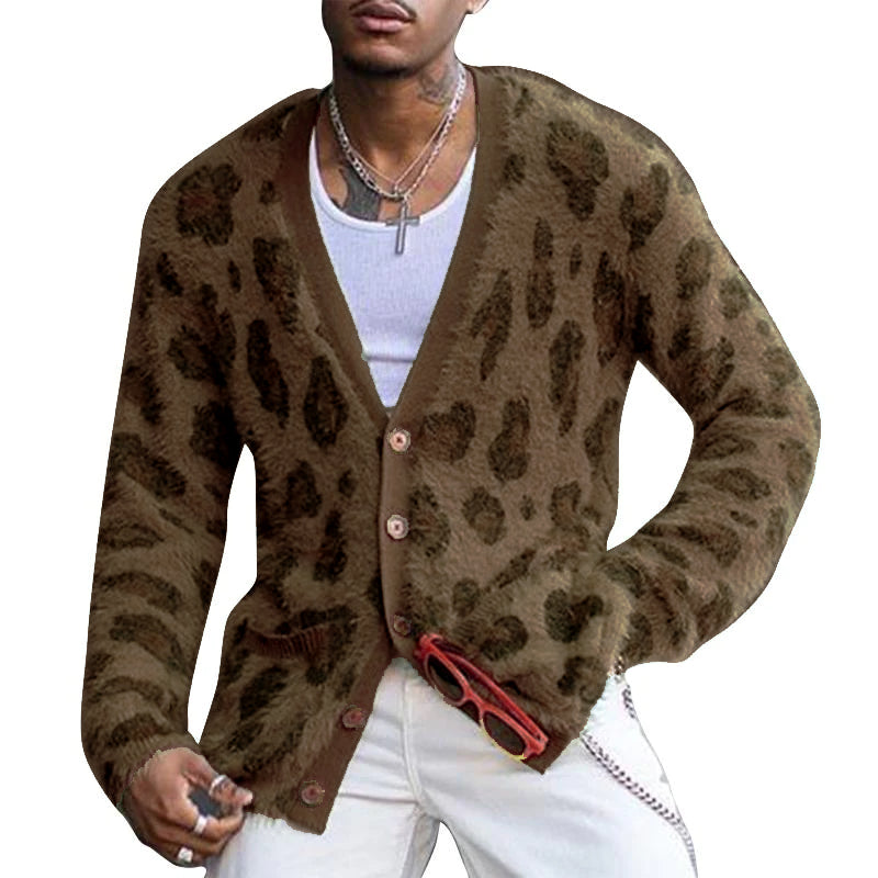 【24-Stunden-Versand】 Herren-Vintage-Leoparden-Einreiher-Cardigan mit V-Ausschnitt 03568715Y