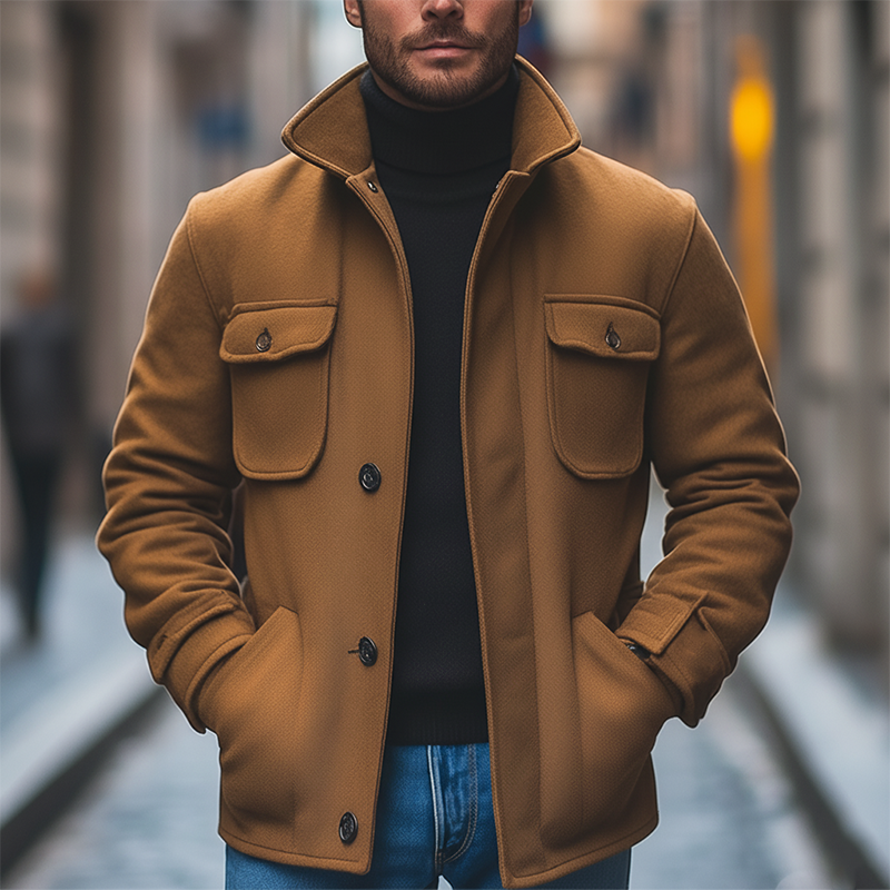 Men's Winter Retro Solid Color Faux Wool Multi-pocket Stand Collar Coat MTA0356K7P