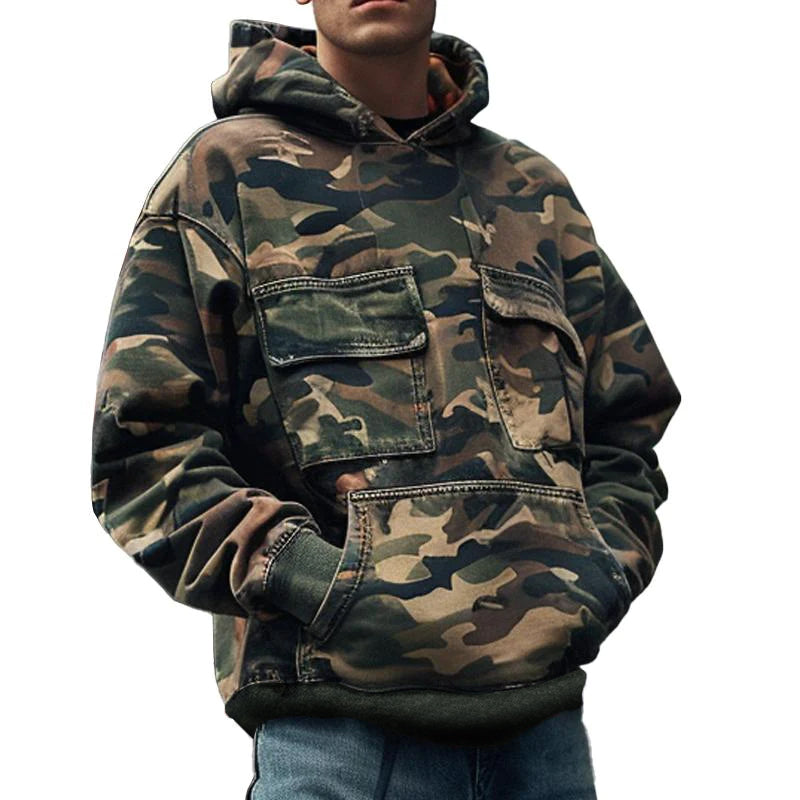 Men's Vintage Camouflage Printed Flap Pocket Long-Sleeved Hoodie 44391826M