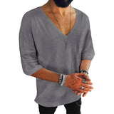Men's Solid Linen V Neck Half Sleeve Casual T-shirt 88147589Z