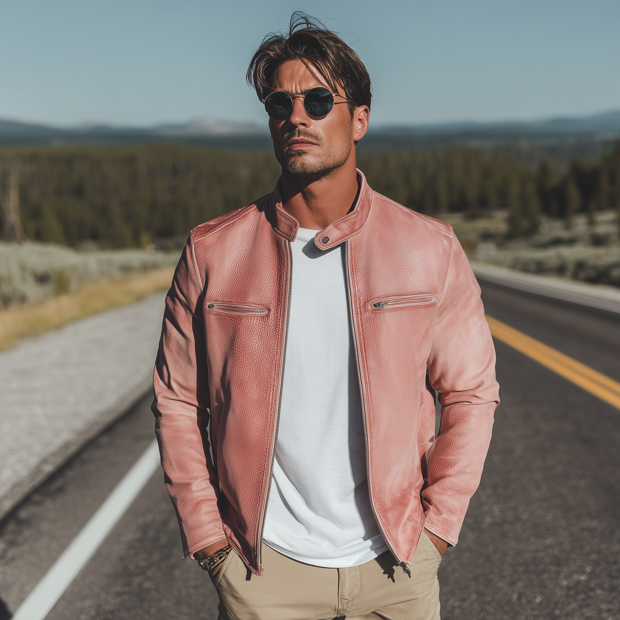 Men's Classic Casual Western Style Stand Collar Pink Textured PU Leather Zipper Jacket MTA1519H2K