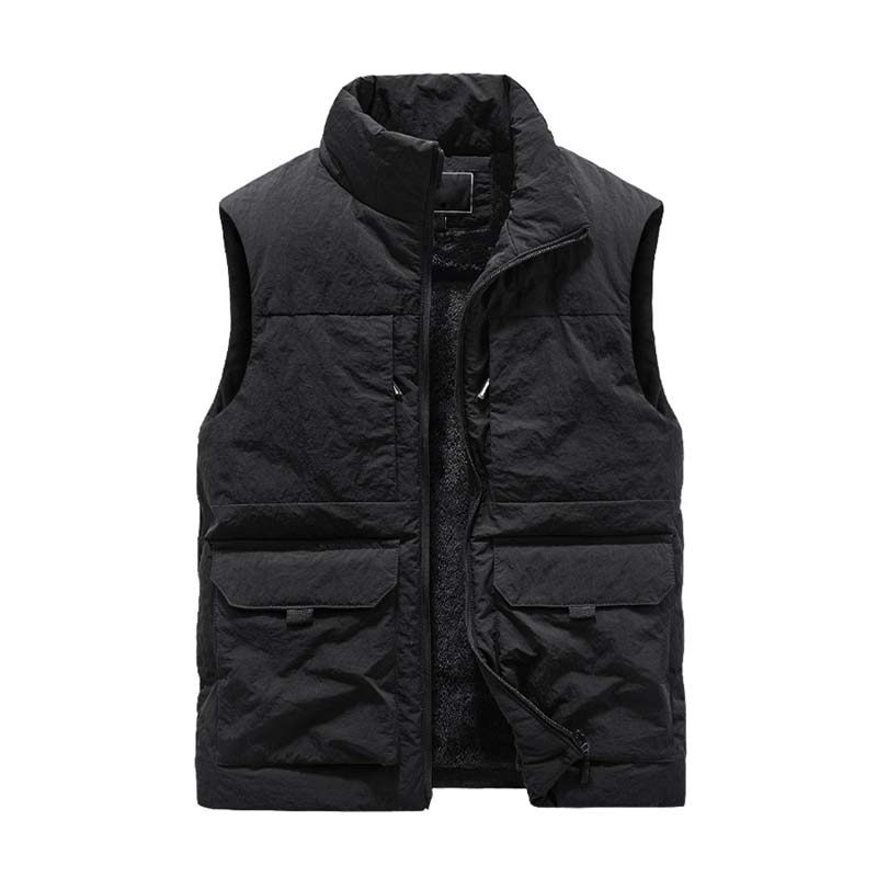 Men's Casual Fleece Stand Collar Thick Workwear Multi-pocket Vest 87500241K