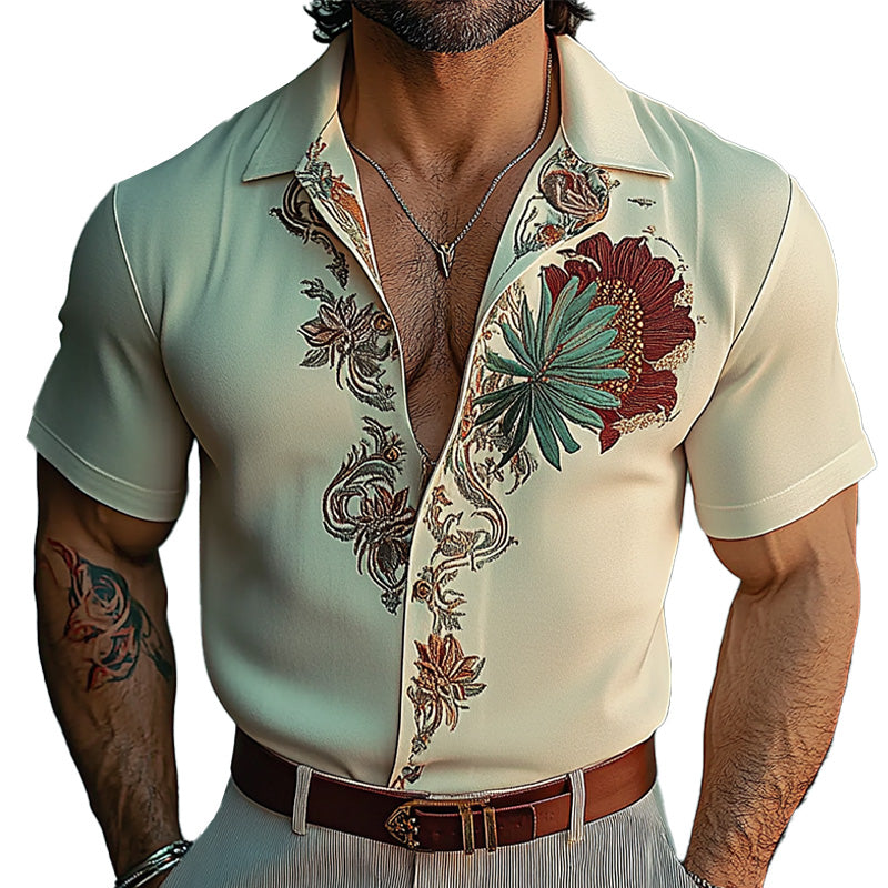 Men's Fashion Floral Embroidery Short Sleeve Shirt 39136608P