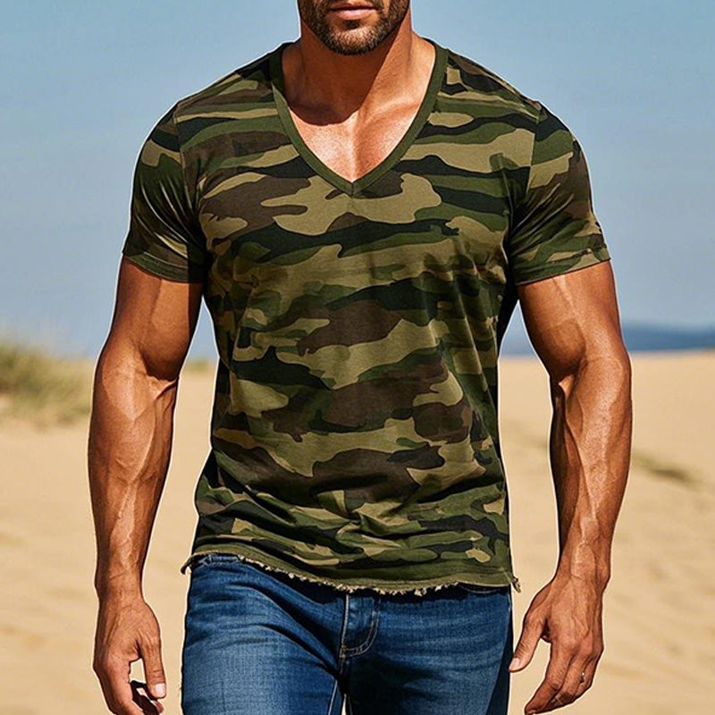 Men's Army Green Camouflage Raw Edge Short Sleeve T-Shirt 37413482P