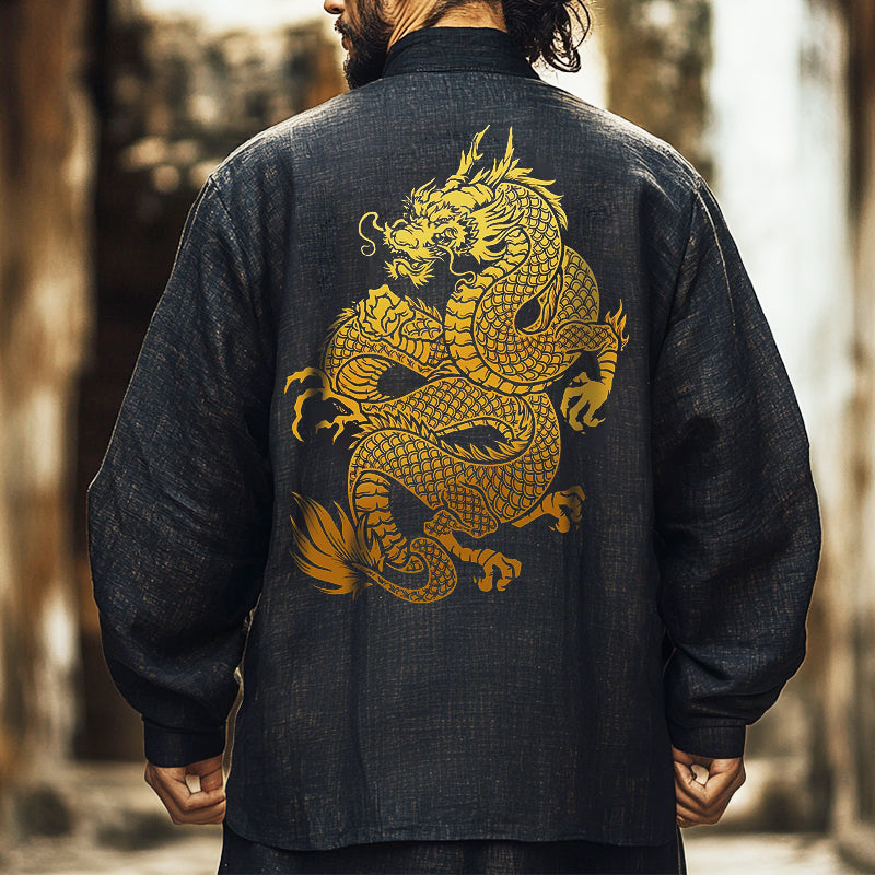 Men's Retro Gold Dragon Totem Casual Linen Stand Collar Pocket Jacket 59960288TO