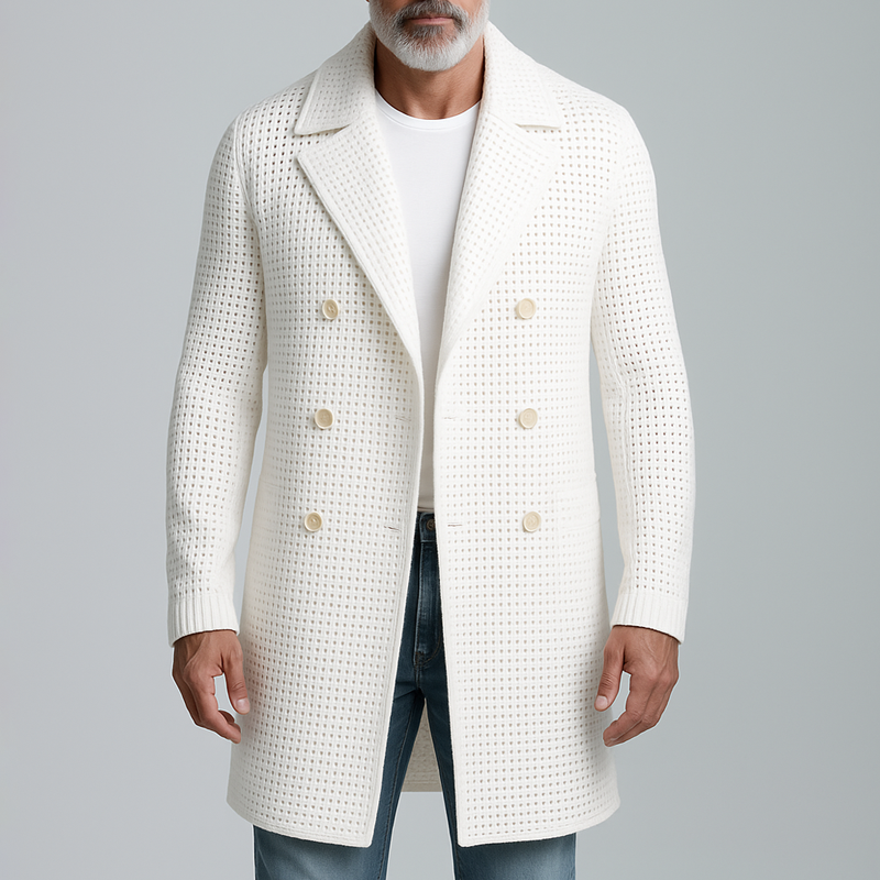 Men's Openwork Knit Notch Lapel Double Breasted Mid-length Casual Coat MTA1390H5Z