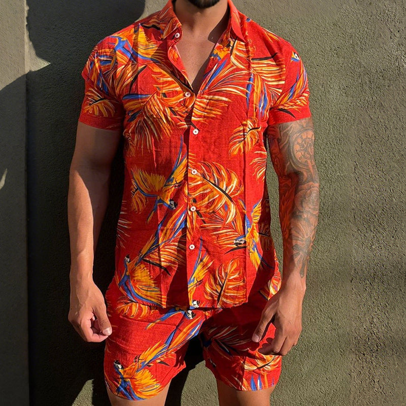 Men's Retro Casual Hawaiian Floral Print Lapel Short Sleeve Shirt Shorts Two-Piece Set MTA0639E3TO