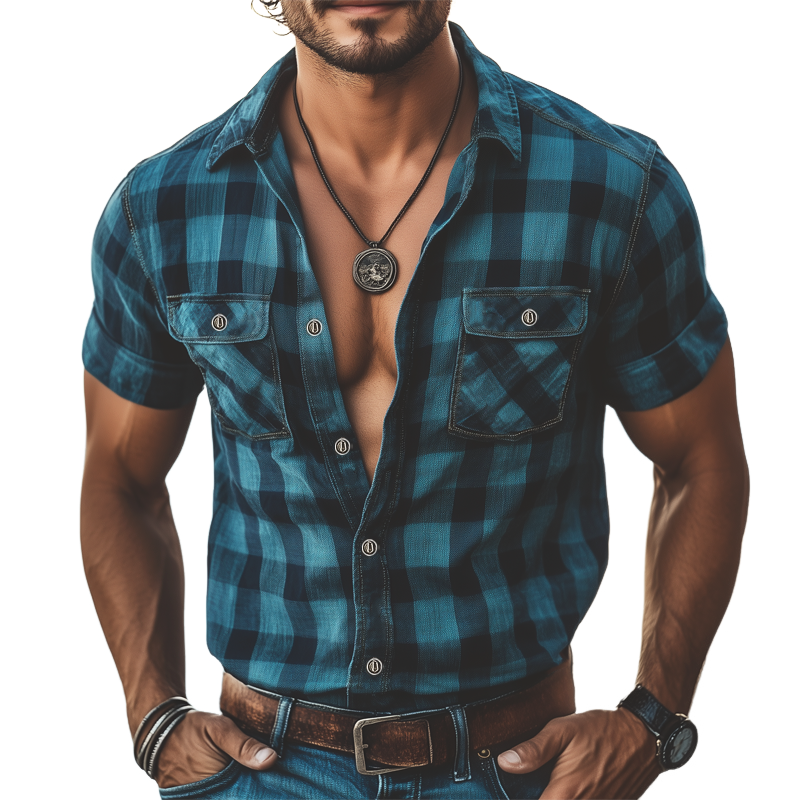Men's Classic Blue And Black Plaid Short Sleeve Shirt MTA2432G3U