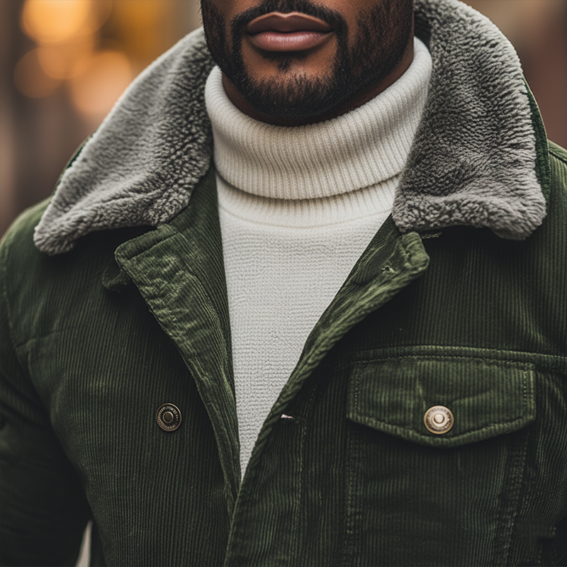 Men's Winter Retro Glossy Corduroy Jacket With Detachable Fur Collar MTA0170K0P