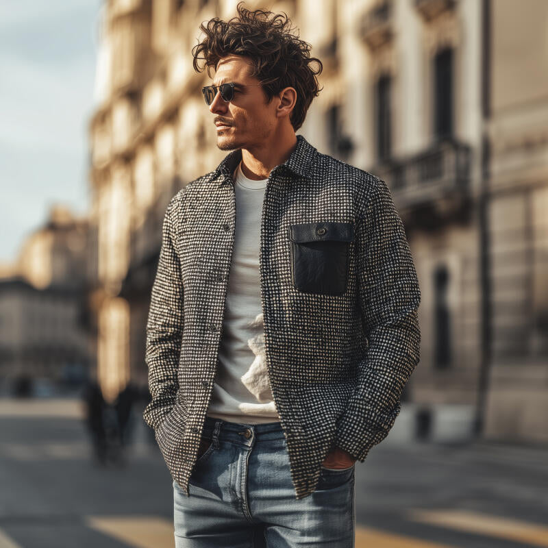 Men's Vintage Houndstooth Lapel PU Chest Pocket Loose Long Sleeve Shirt Jacket MTA2574H8M