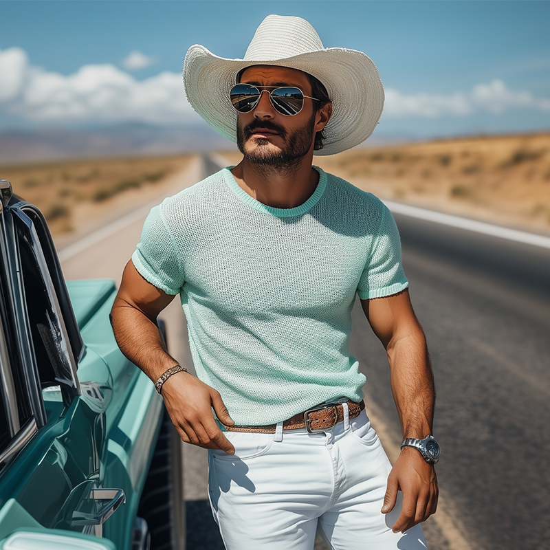 Men's Spring And Summer Fashion Casual Western Style Mint Green Slim Fit Knitted Short-sleeved T-shirt MTA1408E0K