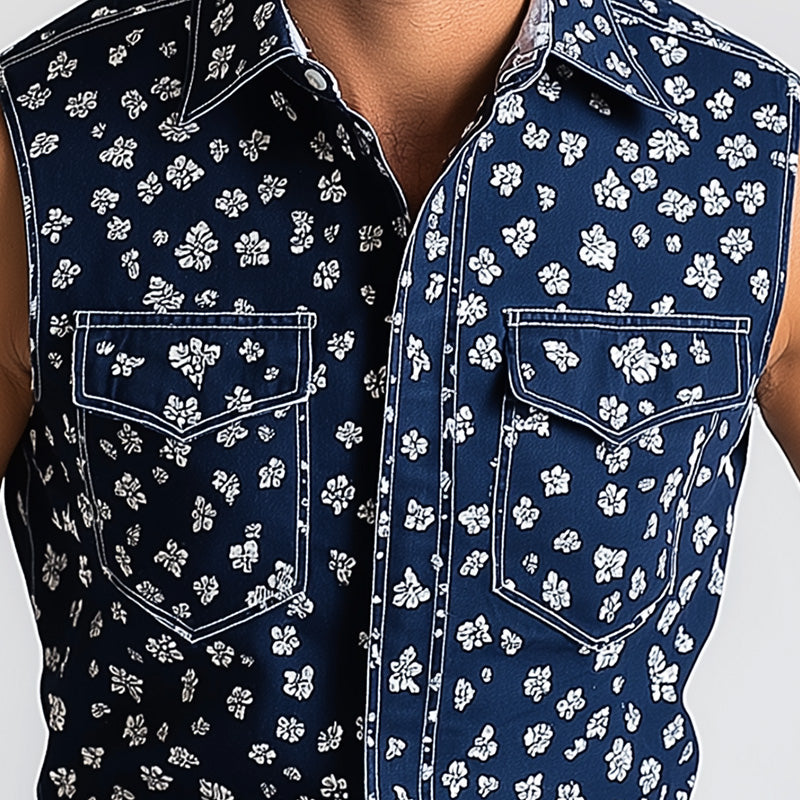 Men's Summer Western Cowboy Style Hot Stamped Sleeveless Denim Shirt MTA1418E2P