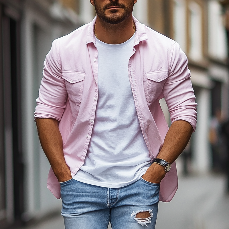 Men's Basic Solid Color Cotton Blend Long Sleeve Shirt MTA2182G1P