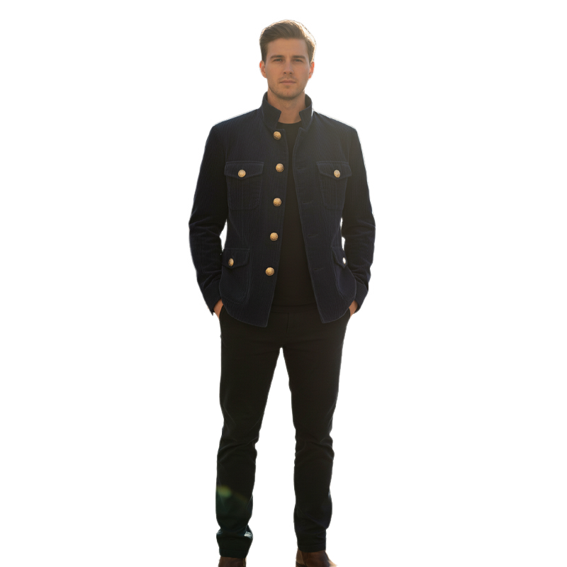 Men's Classic Stand Collar Navy Corduroy Button-Down Jacket MTA1597I5U
