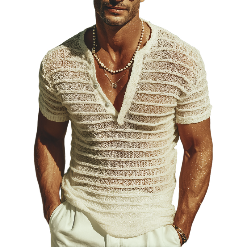 Men's Summer Fashion V-neck Striped Jacquard Knitted Short Sleeve T-shirt MTA0732G5U