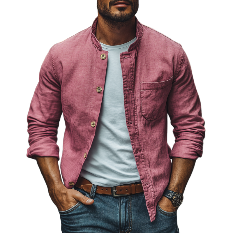 Men's Casual Breathable Cotton Stand Collar Single Breasted Patch Pocket Loose Long Sleeve Shirt MTA0382G4M