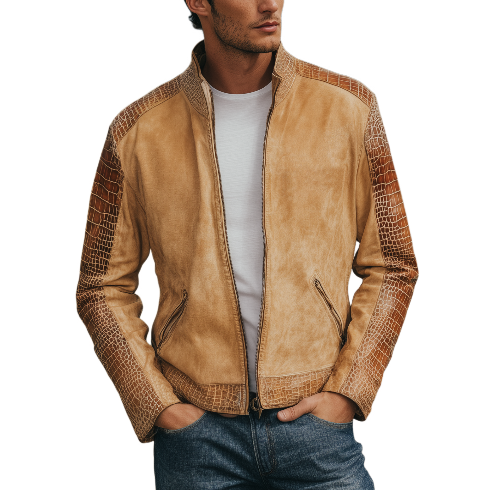 Men's Classic Retro Western Cowboy Style Stand Collar Textured Leather Patchwork Zipper Jacket MTA0575H0K
