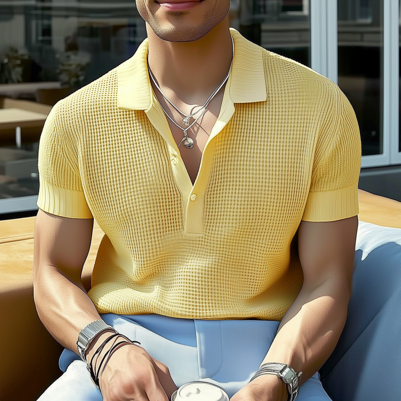 Men's Casual Solid Color Breathable Lapel Loose Knitted Short-sleeved Polo Shirt MTA2125G6M