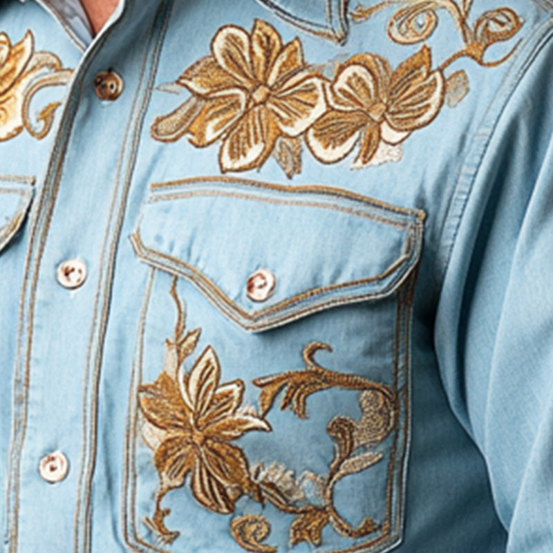 Men's Summer Western Cowboy Style Thin Denim Embroidered Long-Sleeved Shirt MTA2847D4P