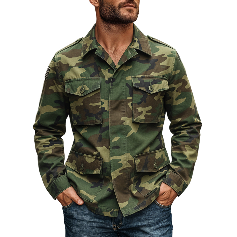 Men's Camouflage Print Lapel Multi-pocket Jacket MTA1343K4X