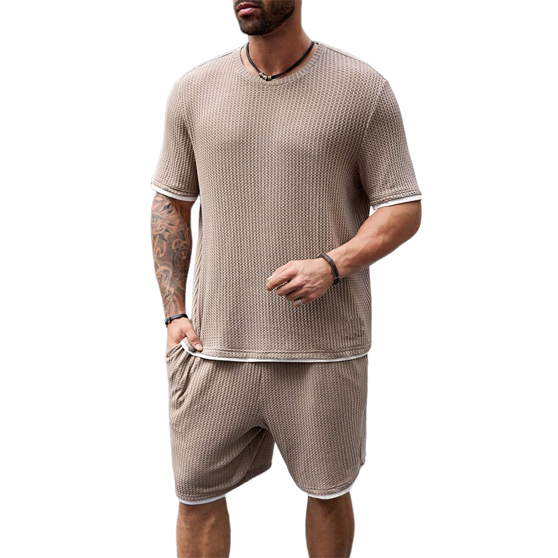 Men's Classic Casual Waffle Short Sleeve T-Shirt Casual Shorts Set 75957107K