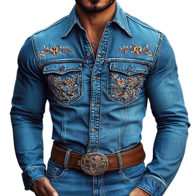 Men's Western Cowboy Style Embroidered Lapel Chest Pocket Long Sleeve Denim Shirt 08133213Z